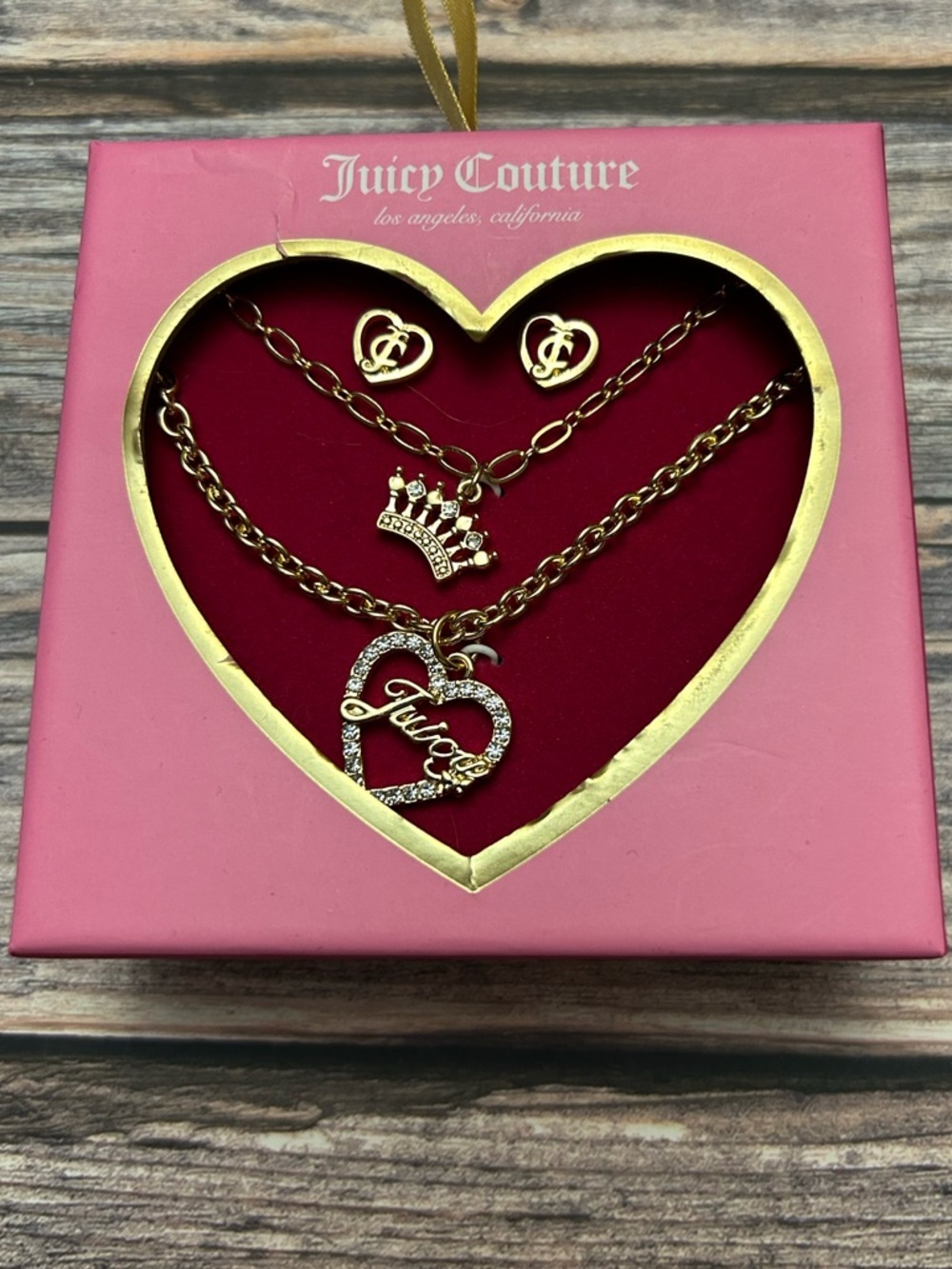 Juicy Couture Gold-Tone Heart, Crown & Logo Layered Necklace Set NWT